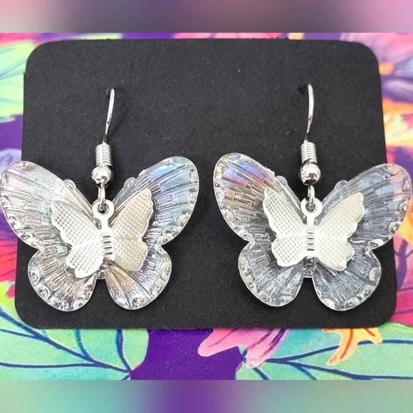 Jewelry - Silver Butterfly Drop Earrings - Iridescent shine 🦋